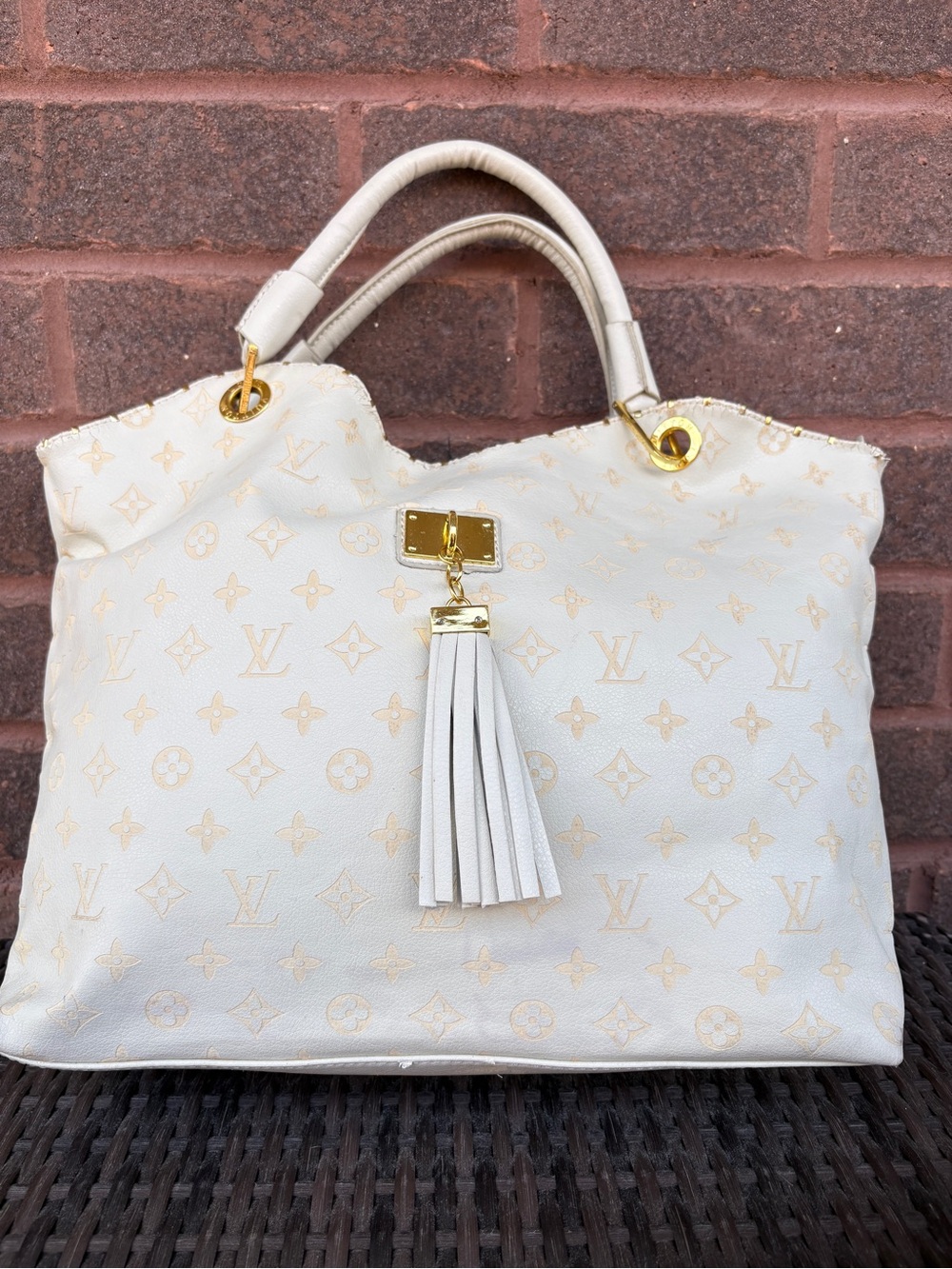 Cream Monogram Tassel Shoulder Bag with Gold Hardware